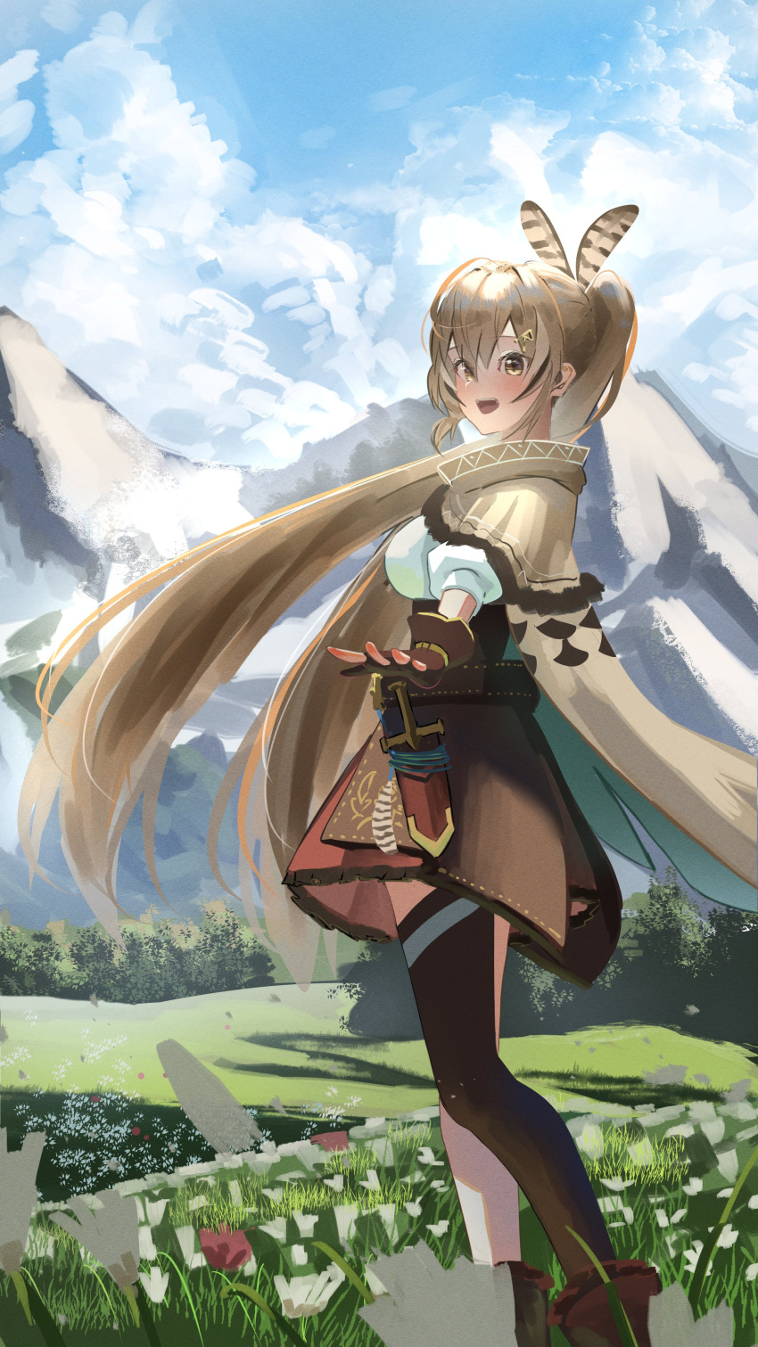 1girl absurdres ahoge ankle_boots asymmetrical_legwear bangs belt boots brown_capelet brown_cloak brown_corset brown_eyes brown_hair cape capelet cloak cloud cloudy_sky corset dagger feather_hair_ornament feathers field flower forest gloves grass hair_ornament hairclip highres hololive hololive_english knife long_hair looking_at_viewer mountainous_horizon multicolored_hair nanashi_mumei nature partially_fingerless_gloves pleated_skirt ponytail red_skirt shirt single_thighhigh skirt sky streaked_hair thigh_strap thighhighs tree very_long_hair virtual_youtuber weapon white_flower white_shirt yamaharu_(xxzf7284)