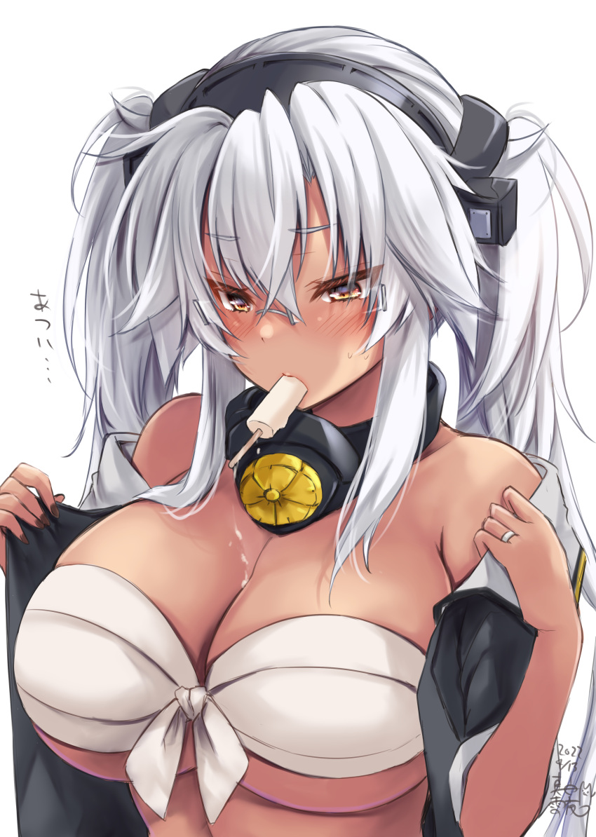 1girl absurdres black_nails breasts brown_eyes dark-skinned_female dark_skin dated food glasses gradient_nails grey-framed_eyewear grey_nails grey_shirt hair_between_eyes headgear highres hot jewelry kantai_collection large_breasts long_hair mashiro_yukiya musashi_(kancolle) musashi_kai_ni_(kancolle) open_clothes pointy_hair popsicle rectangular_eyewear rimless_eyewear ring sakuramon sarashi semi-rimless_eyewear shirt short_sleeves solo translated twintails upper_body very_long_hair wedding_band white_hair