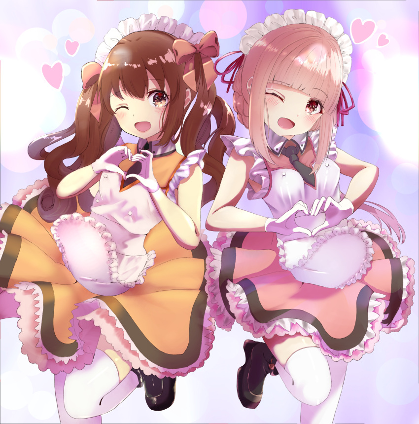 2girls alternate_costume apron bangs blunt_bangs braid brown_eyes brown_hair enmaided frills heart heart_hands highres long_hair looking_at_viewer magia_record:_mahou_shoujo_madoka_magica_gaiden mahou_shoujo_madoka_magica maid maid_apron maid_headdress multiple_girls one_eye_closed open_mouth pikuru pink_eyes pink_hair satomi_touka sidelocks skirt smile tamaki_iroha twintails waist_apron