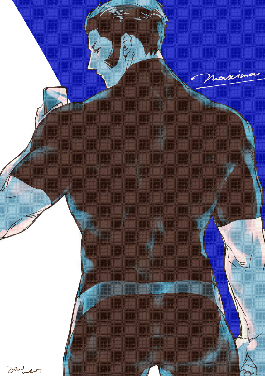 1boy absurdres ass back bara black_bodysuit blue_background bodysuit brown_hair clenched_hand highres looking_at_phone male_focus maxima meno_(ykgk) muscular muscular_male older phone short_hair sideburns simple_background the_king_of_fighters white_background