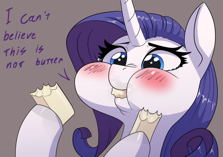 absurd_res blue_eyes blush bodily_fluids dialogue eating english_text equid equine female friendship_is_magic hair hi_res horn i_can't_believe_it's_not_butter mammal my_little_pony not_butter purple_hair rarity_(mlp) solo tears text underpable unicorn