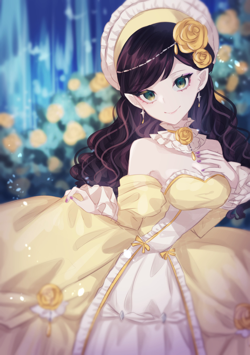 1girl absurdres akikawa_higurashi bangs blurry blurry_background blurry_foreground blush bonnet bow breasts brown_hair cleavage detached_collar detached_sleeves dress dress_bow earrings flower frills gown green_eyes hair_flower hair_ornament hand_on_own_chest highres jewelry juliet_sleeves long_hair long_sleeves looking_at_viewer nail_polish neck_flower original pointy_ears puffy_sleeves rose rose_bush skirt_hold smile solo strapless strapless_dress swept_bangs water waterfall wavy_hair yellow_flower yellow_rose