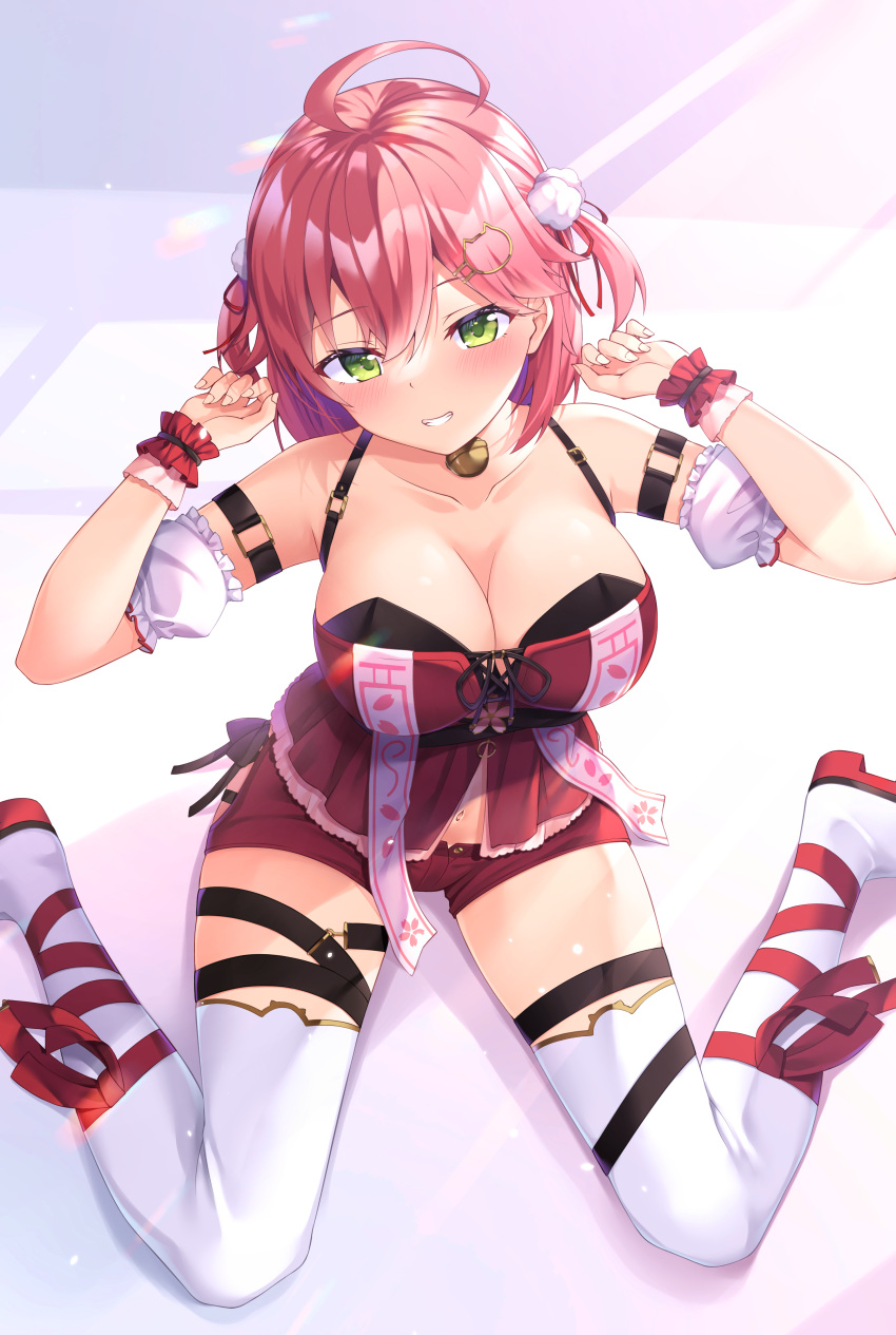 1girl :d absurdres ahoge arm_strap blush boots breasts cleavage green_eyes hair_ornament hairclip highres hololive large_breasts pink_hair sakura_miko shimo_(shimo332215) short_hair short_shorts shorts sitting sleeveless smile solo thigh_boots thigh_strap thighhighs thighs virtual_youtuber wariza white_legwear wristband