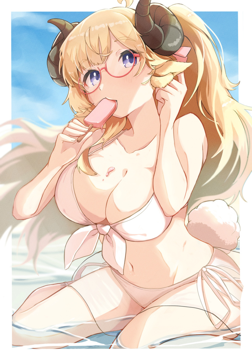 1girl absurdres ahoge bangs bikini blonde_hair blue_sky breasts brown_horns chromatic_aberration cleavage cloud collarbone curled_horns day eat_some_cookie food glasses highres holding hololive horns large_breasts outdoors popsicle purple_eyes red-framed_eyewear sheep_girl sheep_horns sheep_tail side-tie_bikini sitting sky solo swimsuit tail tsunomaki_watame virtual_youtuber wariza water white_bikini