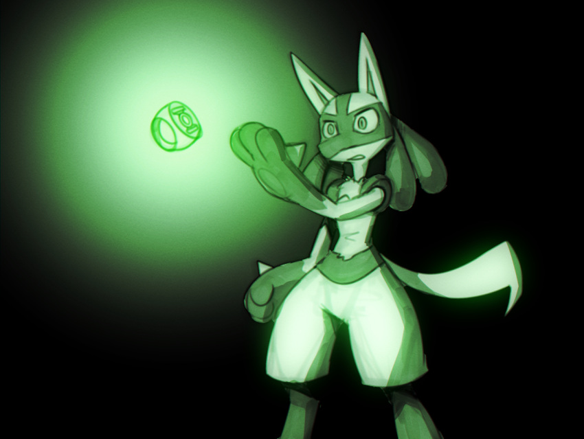 ambiguous_gender anthro bigdad canid canine crossover glowing green_lantern_(series) green_light lucario mammal nintendo pok&eacute;mon pok&eacute;mon_(species) reaching_for_object ring simple_background solo video_games