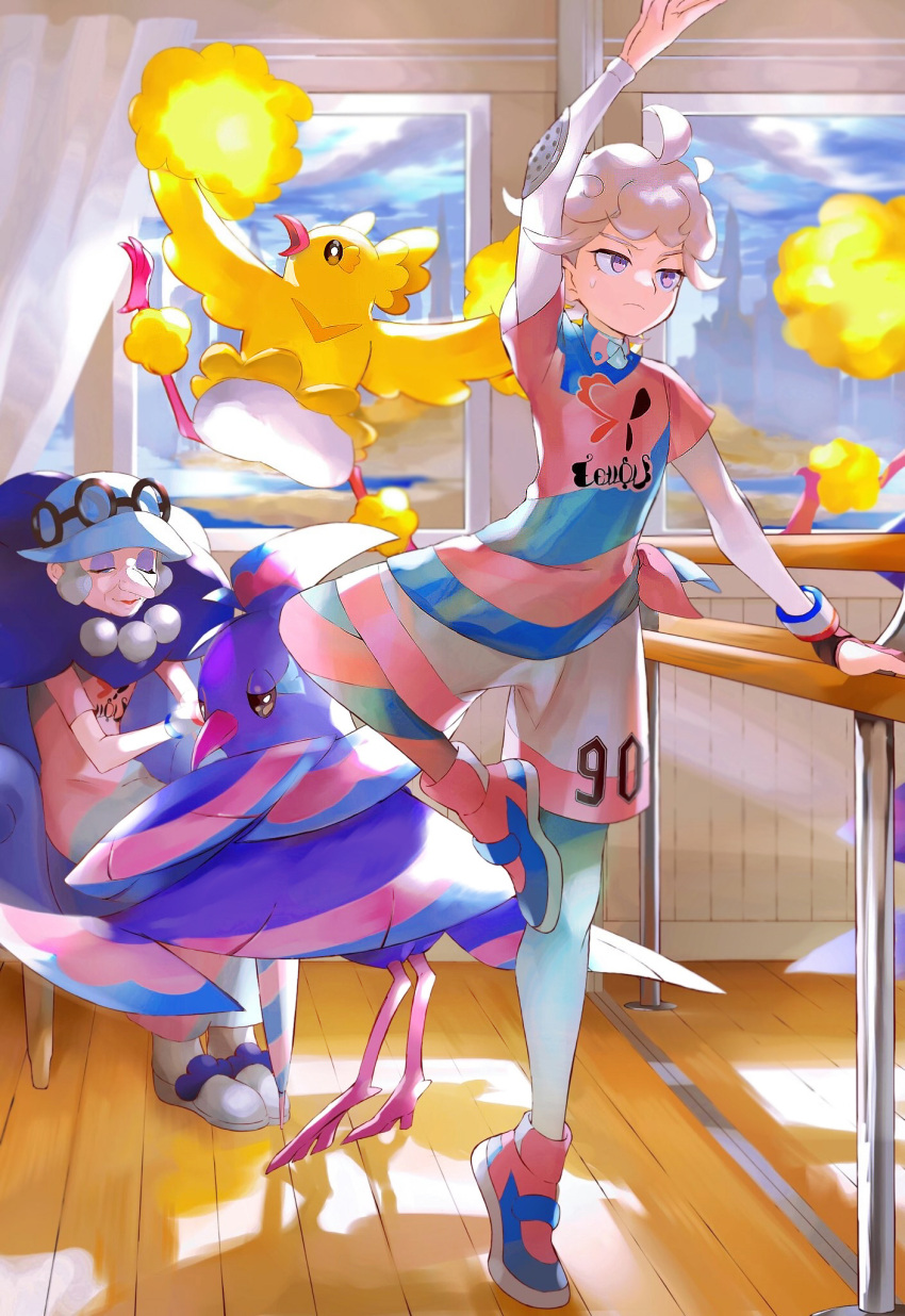 1boy 1girl ahoge arm_up ballet bangs bede_(pokemon) blue_headwear closed_mouth collared_shirt commentary_request dress frown grey_hair hat highres holding leg_up leggings old old_woman opal_(pokemon) orange_mikan oricorio oricorio_(pom-pom) oricorio_(sensu) pink_shirt pokemon pokemon_(creature) pokemon_(game) pokemon_swsh purple_eyes scarf shirt shoes short_hair shorts sitting standing standing_on_one_leg sweatdrop undershirt wooden_floor