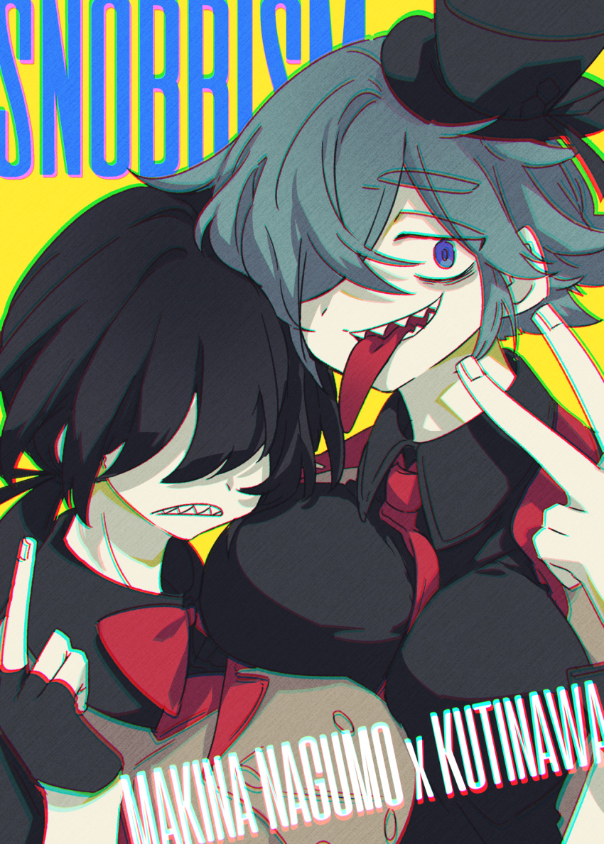 2girls androgynous asymmetrical_docking black_hair blue_eyes blue_hair breast_press breasts chariki colored_skin facing_viewer highres indie_virtual_youtuber kutinawa large_breasts looking_at_viewer multiple_girls nagumo_makina sharp_teeth short_hair sketch symmetrical_docking teeth tongue tongue_out virtual_youtuber white_skin