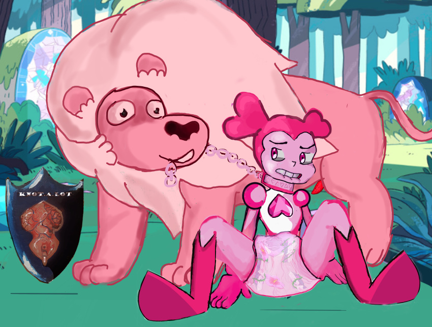 absurd_res cartoon_network diaper female feral gem_(species) hi_res humanoid knotalot lion_(steven_universe) male peeing spinel_(steven_universe) steven_universe