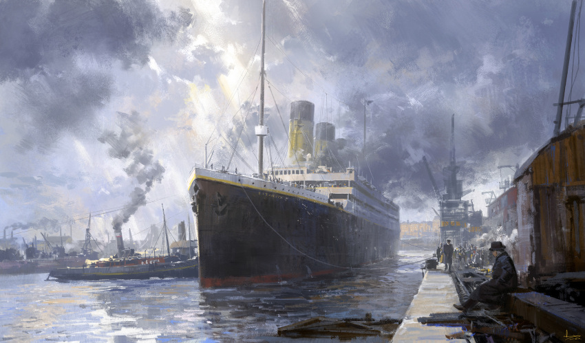 cloud cloudy_sky grey_sky highres ling_xiang outdoors people real_life rms_titanic scenery signature sky smoke