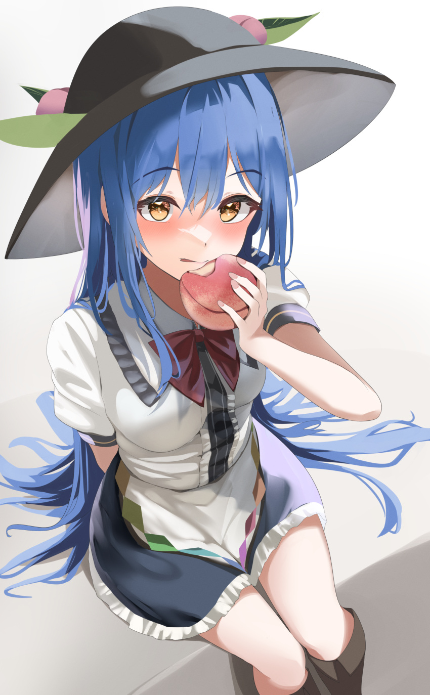 1girl 258n absurdres alternate_eye_color bangs blue_hair blue_skirt blush boots bow bowtie breasts brown_footwear buttons closed_mouth collared_shirt eating fingernails food frills fruit grey_headwear hair_between_eyes hand_up hat hat_ornament highres hinanawi_tenshi leaf long_hair looking_at_viewer looking_up medium_breasts nail_polish peach pink_nails puffy_short_sleeves puffy_sleeves red_bow red_bowtie shirt short_sleeves simple_background sitting skirt solo tongue tongue_out touhou white_background white_shirt yellow_eyes