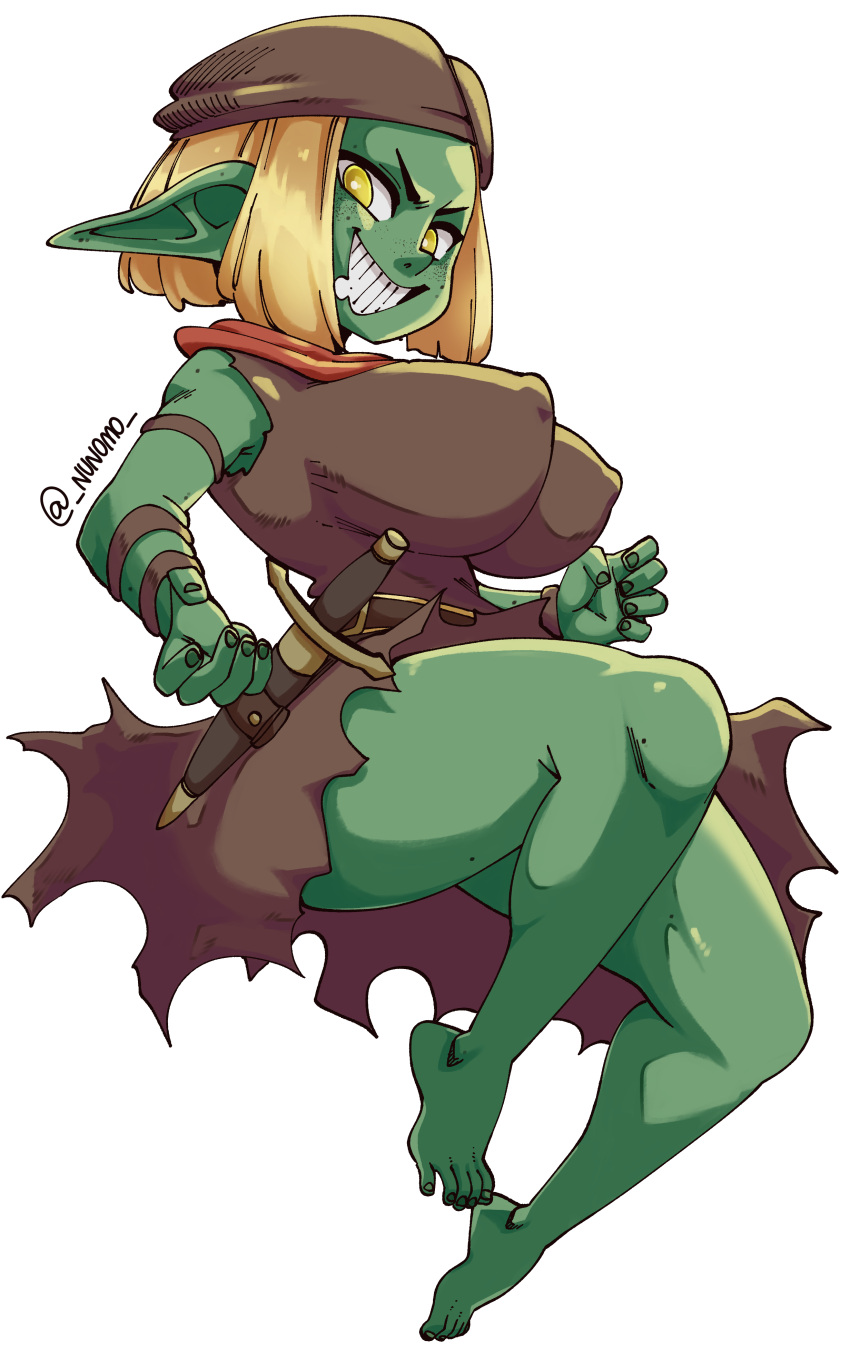 2022 absurd_res big_breasts blonde_hair breasts clothed clothing dress female freckles goblin green_body green_skin hair hi_res humanoid nipple_outline not_furry nuclearwasabi smile solo teeth