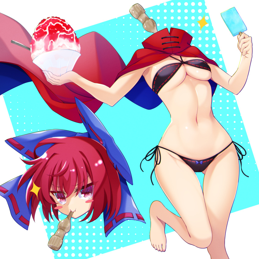 1girl bangs bikini black_bikini blue_bow blush_stickers bow cloak closed_mouth commentary_request disembodied_head dullahan food foot_out_of_frame hair_bow highres ice_cream muchin_jousha navel panties popsicle red_cloak red_eyes red_hair sekibanki sekibanki_day shaved_ice short_hair side-tie_panties smile solo swimsuit thigh_gap touhou underwear v-shaped_eyebrows