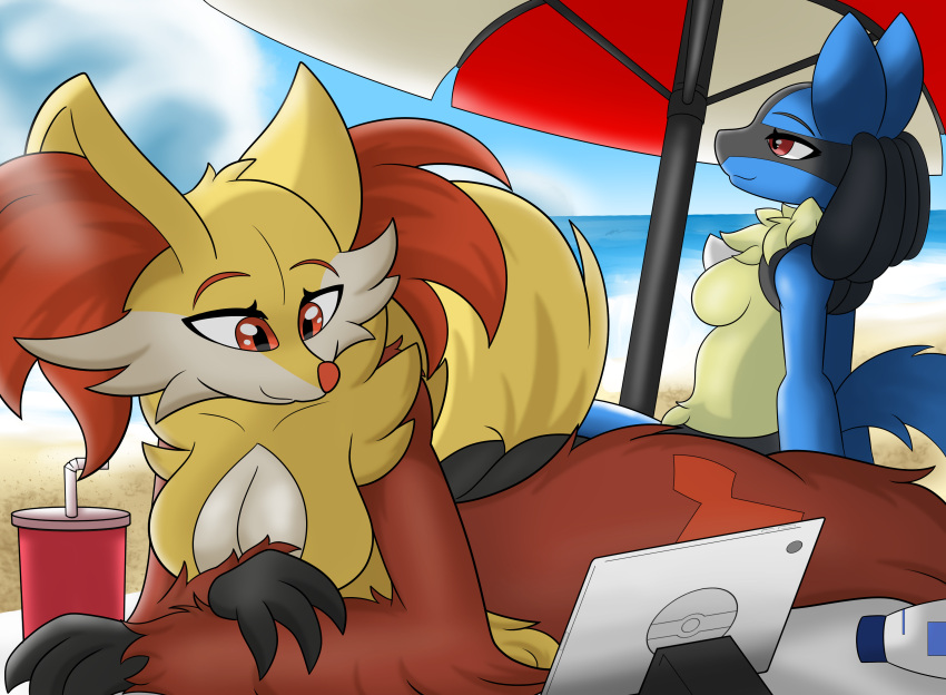 absurd_res anthro delphox duo female female/female hi_res lucario nintendo pok&eacute;mon pok&eacute;mon_(species) sea thelasthope video_games water