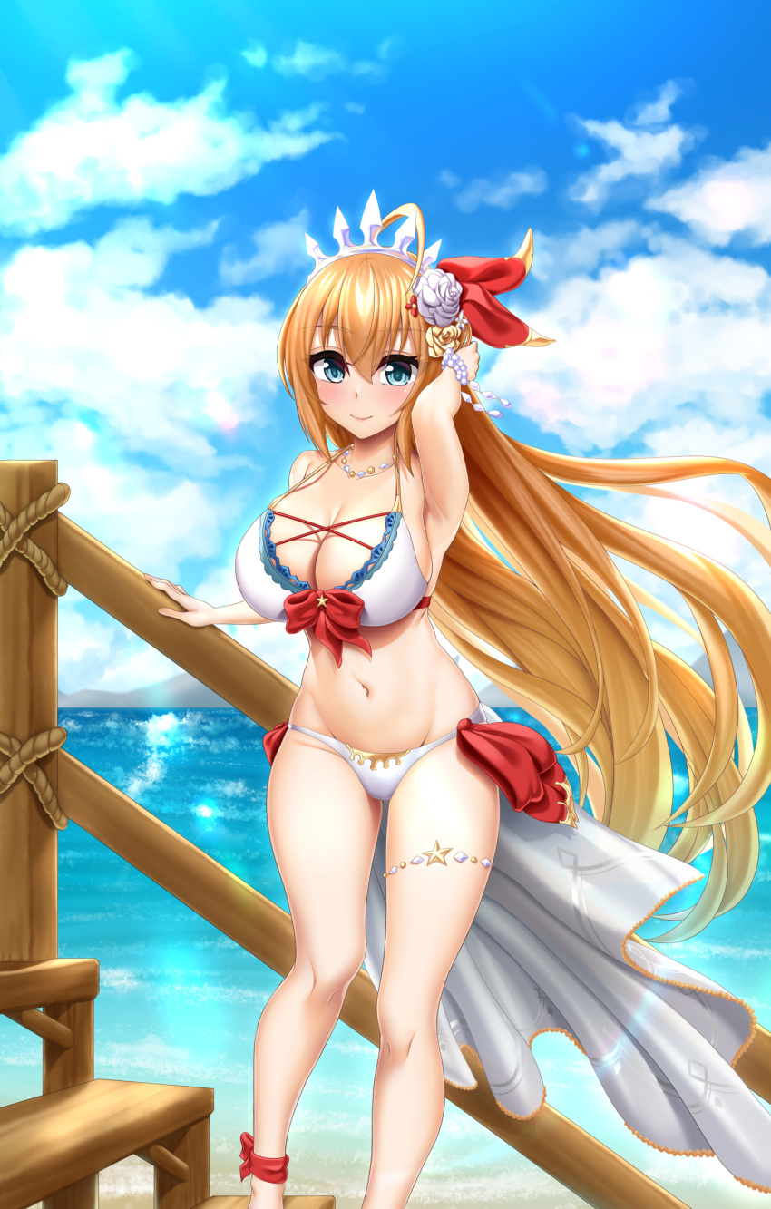 1girl abukobato ahoge armpits beach bikini blonde_hair blue_eyes blue_sky blush bow breasts closed_mouth cloud crown day flower hair_flower hair_ornament highres horizon huge_breasts jewelry long_hair looking_at_viewer navel necklace ocean outdoors pecorine_(princess_connect!) princess_connect! railing red_bow sarong sky smile solo stairs swimsuit very_long_hair white_bikini white_flower