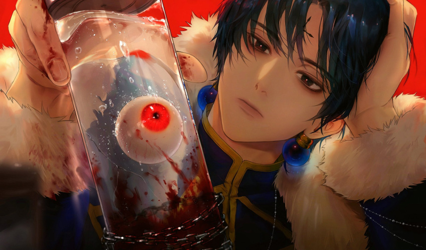 1boy bangs black_eyes black_hair blood blood_on_clothes blood_on_hands blue_coat bright_pupils chain chrollo_lucilfer closed_mouth coat commentary_request earrings expressionless eyeball face facial_mark forehead_mark fur-trimmed_coat fur_trim gugong_(90_un) guro hand_on_own_head head_rest high_collar highres holding hunter_x_hunter jewelry korean_commentary lips male_focus portrait red_background red_eyes short_hair tube white_pupils