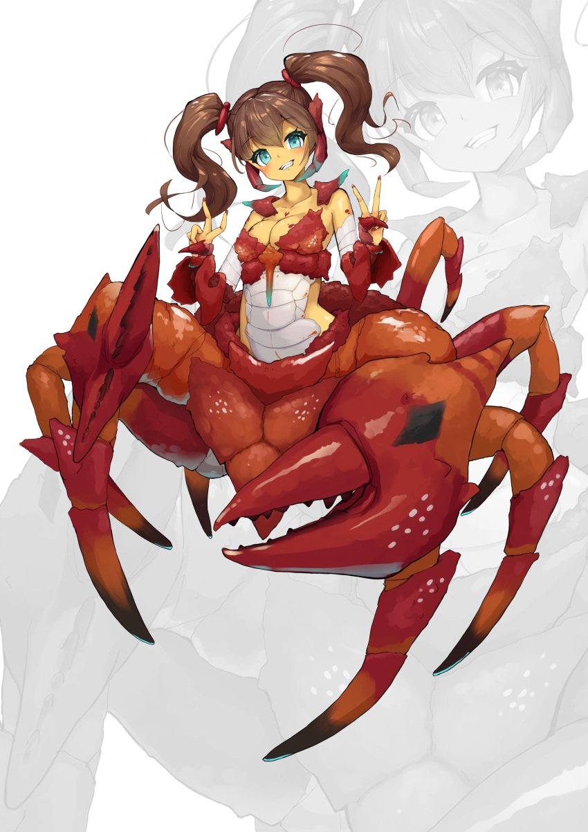 1girl absurdres arthropod_girl arthropod_limbs bangs bare_shoulders blue_eyes blush breasts brown_hair carapace claws cleavage collarbone commentary_request crab_claw crab_girl double_v full_body grin hair_between_eyes hands_up head_tilt highres long_hair looking_at_viewer medium_breasts midriff monster_girl original pincers red_nails shitoi_(aqua1487) sidelocks smile solo standing taur teeth twintails v white_background zoom_layer