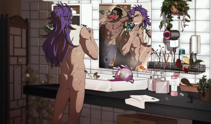 2boys ass blurry bottle charmander dreepy faucet galarian_farfetch'd glass goomy hair_brush hair_dryer highres holding hot_gay_241 indoors jewelry leon_(pokemon) long_hair male_focus multiple_boys nude plant pokemon pokemon_(creature) pokemon_(game) pokemon_swsh pot potted_plant purple_hair raihan_(pokemon) reflection ring roggenrola shaving shaving_cream sink standing sticker tile_wall tiles toothbrush towel towel_around_neck trapinch water wet