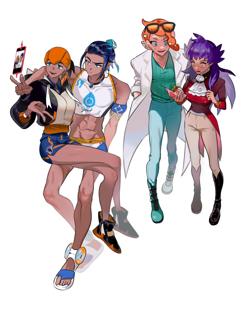 2boys 2girls :q abs armlet bare_legs belly_chain bike_shorts black_footwear black_hoodie blue_eyes blue_shorts boots bright_pupils closed_mouth covered_collarbone food food_on_face genderswap genderswap_(ftm) genderswap_(mtf) green_eyes green_footwear green_shirt hair_bun headband highres holding hood hoodie hot_gay_241 jewelry labcoat leon_(pokemon) multiple_boys multiple_girls navel necklace nessa_(pokemon) open_mouth orange-tinted_eyewear orange_hair orange_headband pants pectorals pokemon pokemon_(game) pokemon_swsh raihan_(pokemon) ribbed_shirt rotom rotom_phone sandals shirt shoes short_hair shorts side_slit side_slit_shorts smile sonia_(pokemon) standing sunglasses sweatdrop tailcoat tinted_eyewear toes tongue tongue_out v white_jabot white_pupils yellow_eyes