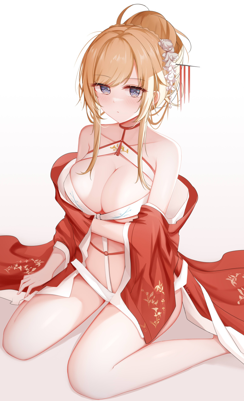 1girl absurdres arm_under_breasts azur_lane bangs bare_shoulders blonde_hair blue_eyes blush breasts closed_mouth clothes_down doraski glorious_(azur_lane) glorious_(pungent_plum)_(azur_lane) hair_ornament hair_stick highres japanese_clothes kimono large_breasts long_hair looking_at_viewer no_pants off_shoulder official_alternate_costume red_kimono sidelocks simple_background sitting solo swept_bangs thighs wariza white_background