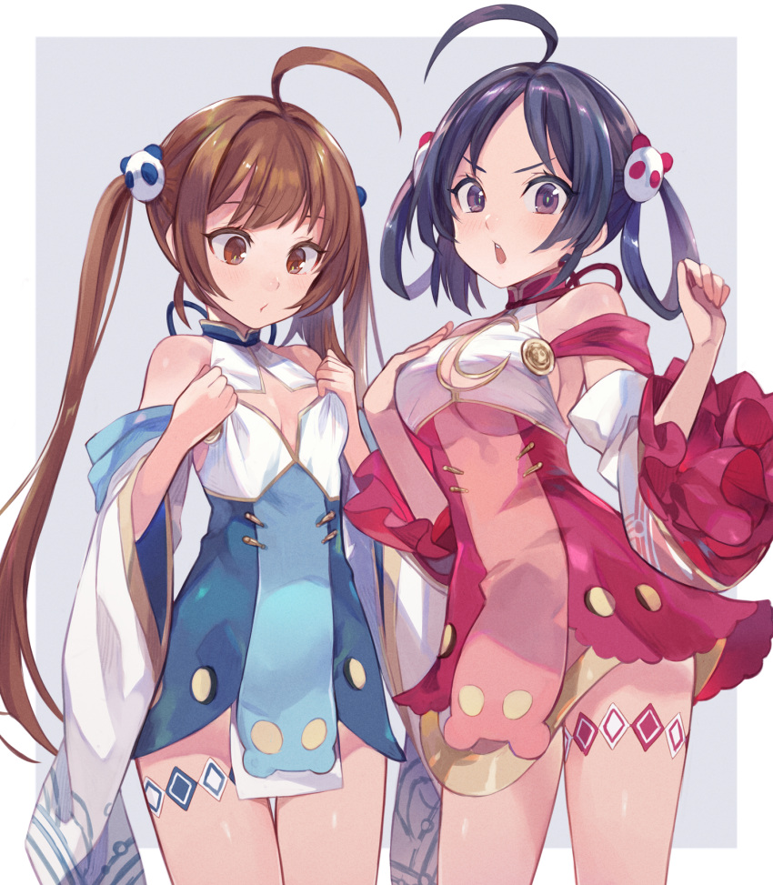 2girls ahoge azur_lane bangs bare_shoulders black_hair blue_dress blush breasts brown_eyes brown_hair closed_mouth commentary_request commission detached_sleeves dress grey_background hair_ornament hair_rings hands_up highres long_hair long_sleeves medium_breasts multiple_girls ning_hai_(azur_lane) panda_hair_ornament parted_bangs parted_lips ping_hai_(azur_lane) purple_eyes red_dress see-through sidelocks skeb_commission small_breasts teeth twintails two-tone_background upper_teeth v-shaped_eyebrows very_long_hair white_background wide_sleeves yuko_(uc_yuk)