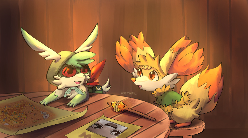 adamarts clothing duo eyewear fennekin feral fur furniture goggles green_clothing hi_res legendary_pok&eacute;mon male map nintendo orange_body orange_eyes orange_fur paper pok&eacute;mon pok&eacute;mon_(species) pok&eacute;mon_mystery_dungeon shaymin shrike_(shaymin) sky_forme_shaymin staff stool table video_games wall_(structure)