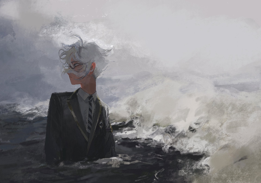 1boy arms_at_sides azul_ashengrotto black_jacket closed_mouth collared_shirt floating_hair glasses highres jacket long_sleeves looking_away looking_back male_focus nature necktie night_raven_college_uniform ocean outdoors partially_submerged shirt short_hair sidelocks solo striped_necktie twisted_wonderland upper_body water waves white_hair white_shirt yonoyonoyonono