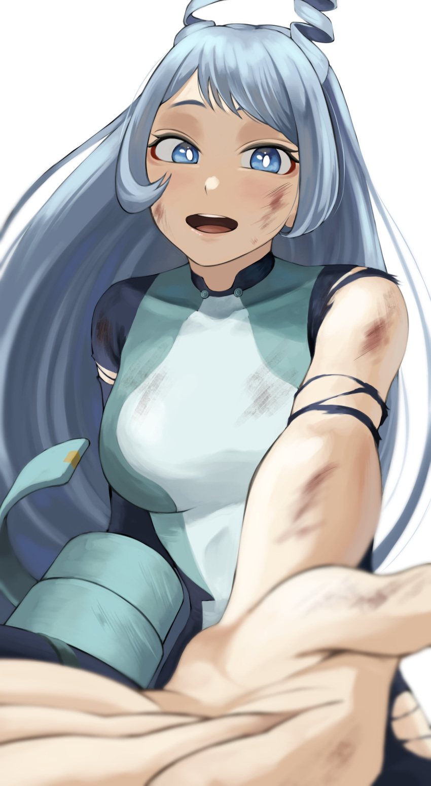 1girl absurdres antenna_hair blue_eyes blue_hair boku_no_hero_academia breasts bruise fengling_(furin-jp) hadou_nejire highres hurt injury long_hair looking_at_viewer open_mouth simple_background smile solo teeth tongue torn_clothes white_background