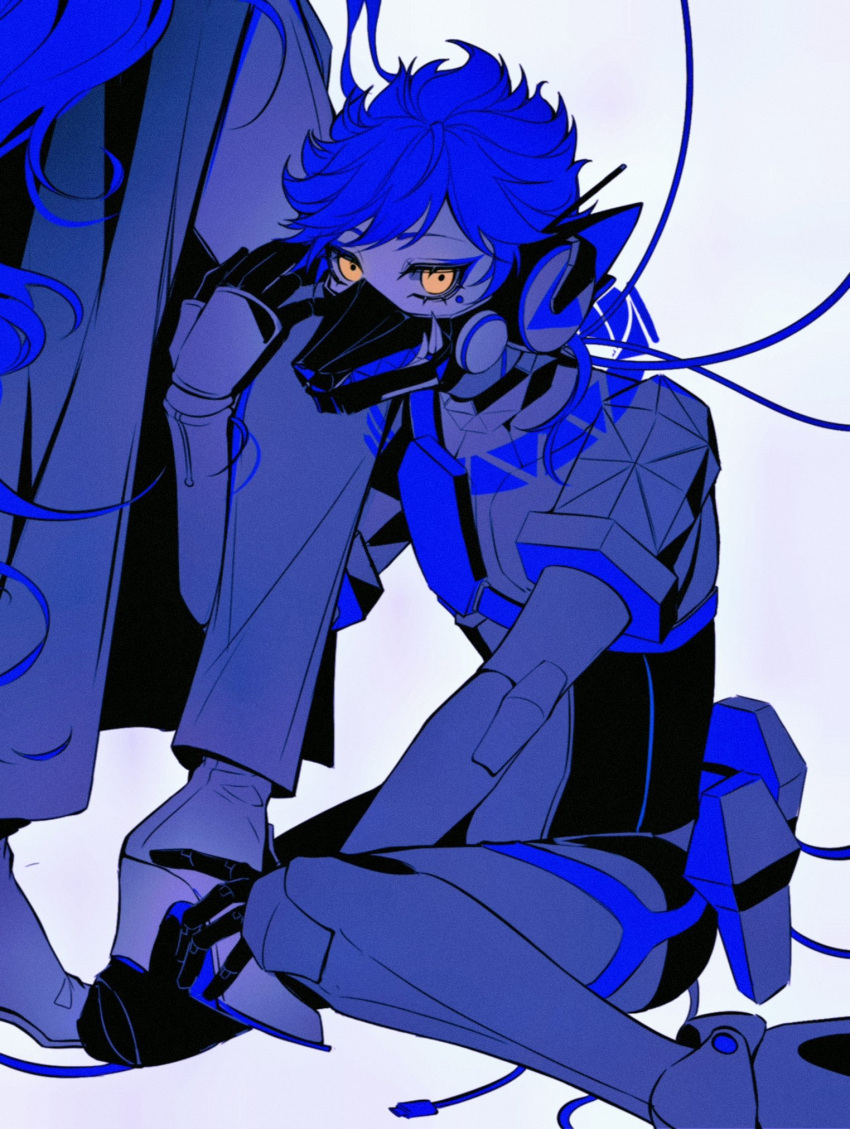 2boys animal_ears blue_hair blue_theme cable cibeibugushanx covered_mouth dog_ears dog_mask eyeliner fangs fangs_out feet_out_of_frame glowing glowing_eyes hand_up headphones high_heels highres hugging_another's_leg idia_shroud joints long_hair long_sleeves makeup male_focus mask mechanical_parts mole mole_under_eye multiple_boys ortho_shroud out_of_frame pants robot_joints short_hair simple_background sitting solo_focus spot_color standing twisted_wonderland very_long_hair wariza wavy_hair white_background yellow_eyes