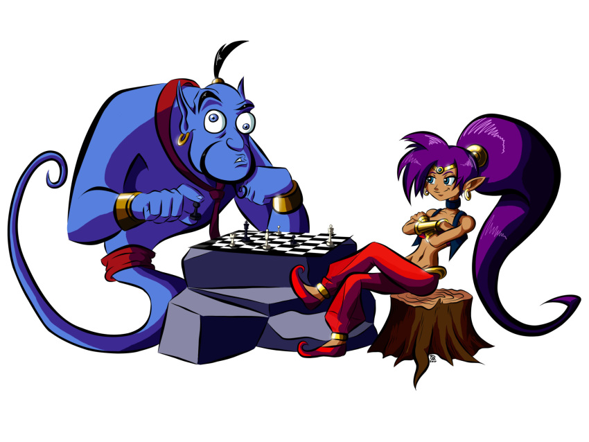 2017 blue_body blue_eyes brown_body brown_skin chess clothing crossover disney disney's_aladdin duo ear_piercing ear_ring female footwear genie genie_(disney) hair hi_res humanoid humanoid_pointy_ears long_hair male not_furry piercing ponytail purple_hair rock shantae shantae_(series) signature simple_background sitting thegasmaster4381 tree_stump video_games wayforward white_background