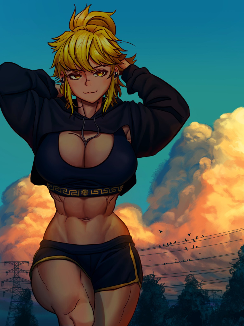 1girl :3 abs bird blonde_hair breasts cleavage cloud earphones highres hood hoodie large_breasts looking_at_viewer muscular muscular_female original power_lines sky solo sparkeyjinjin sports_bra tree twilight yellow_eyes