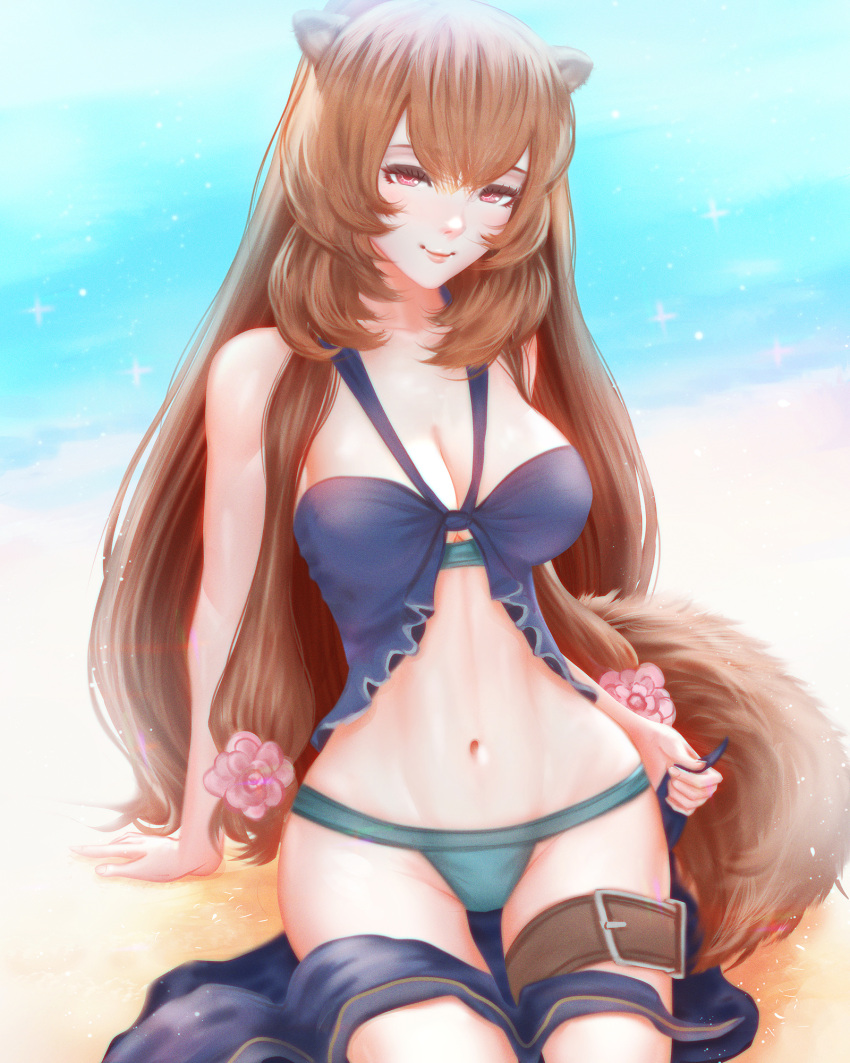 1girl animal_ears bangs beach bikini breasts cleavage flower hair_flower hair_ornament highres large_breasts looking_at_viewer mcdobo raccoon_ears raccoon_tail raphtalia red_eyes sarong sarong_removed sitting smile solo swimsuit tail tate_no_yuusha_no_nariagari water