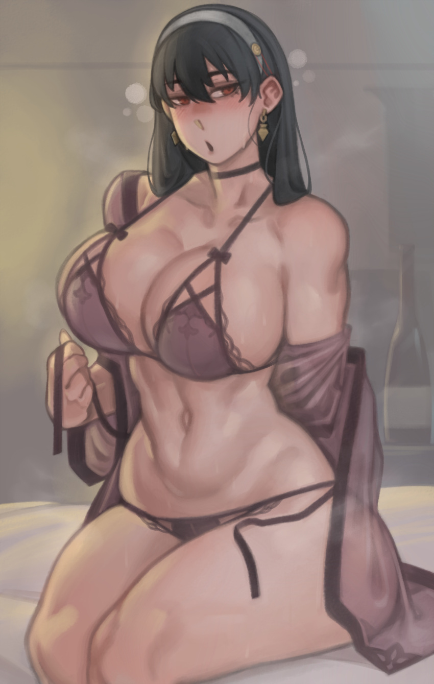 1girl absurdres alternate_breast_size babydoll black_hair blush bra breasts choker cleavage earrings embarrassed english_commentary gold_earrings hairband highres huge_breasts jewelry kelvin_hiu legs_together linea_alba lingerie long_hair looking_away navel nose_blush on_bed open_mouth panties purple_bra red_eyes side-tie_panties sitting solo spaghetti_strap spy_x_family sweat thick_thighs thighs toned underwear undressing white_hairband yor_briar