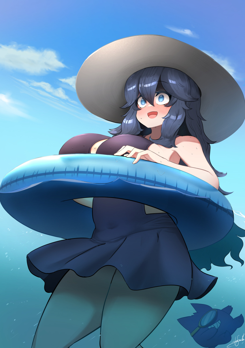 1girl @_@ absurdres ahoge bags_under_eyes beach black_hair blank_eyes blue_eyes blush breasts cloud commentary covered_navel day dress_swimsuit gengar grin hat hex_maniac_(pokemon) highres huge_breasts innertube john_(a2556349) long_hair messy_hair ocean outdoors partially_submerged pokemon smile sun_hat swimming swimsuit transparent water