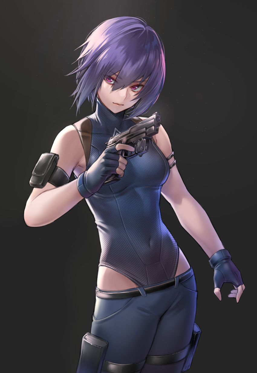 1girl absurdres arm_pouch armband bare_shoulders belt black_armband closed_mouth collarbone covered_collarbone covered_navel deluxe&lt;&lt;&lt; fingerless_gloves ghost_in_the_shell ghost_in_the_shell:_sac_2045 gloves grey_gloves gun hair_between_eyes handgun highres holding holding_gun holding_weapon kusanagi_motoko pistol pouch purple_eyes purple_hair see-through short_hair solo thigh_pouch thigh_strap turtleneck weapon
