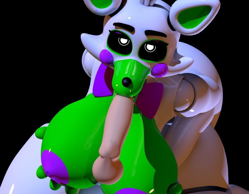 3d_(artwork) absurd_res animatronic anthro balls big_breasts black_background black_sclera bow_tie breasts canid canine digital_media_(artwork) duo female five_nights_at_freddy's five_nights_at_freddy's_world fox genitals geometryboymejia green_body hair hand_on_breast head_tuft hi_res looking_at_viewer machine male mammal nipples oral oral_penetration penetration penis pupils purple_bow_tie purple_cheeks purple_nipples robot scottgames simple_background solo_focus tangle_(fnaf) tuft video_games white_body white_pupils
