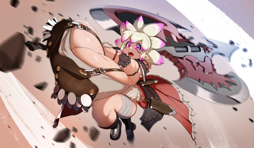 absurd_res axe big_breasts breasts cleavage clothed clothing female gnome hair hi_res huge_breasts huge_weapon humanoid humanoid_pointy_ears hyper hyper_breasts melee_weapon multicolored_hair naze short_stack solo thick_thighs weapon