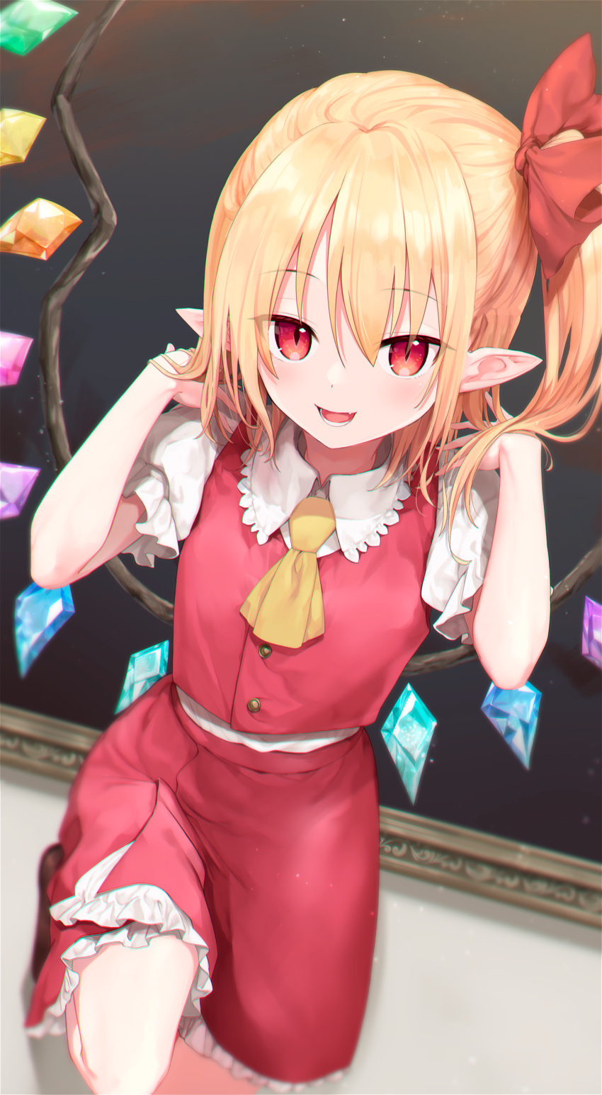 1girl absurdres ascot bangs blonde_hair flandre_scarlet hands_up highres looking_at_viewer medium_hair necktie nnyara open_mouth pointy_ears red_eyes short_sleeves side_ponytail solo standing teeth touhou upper_teeth yellow_ascot