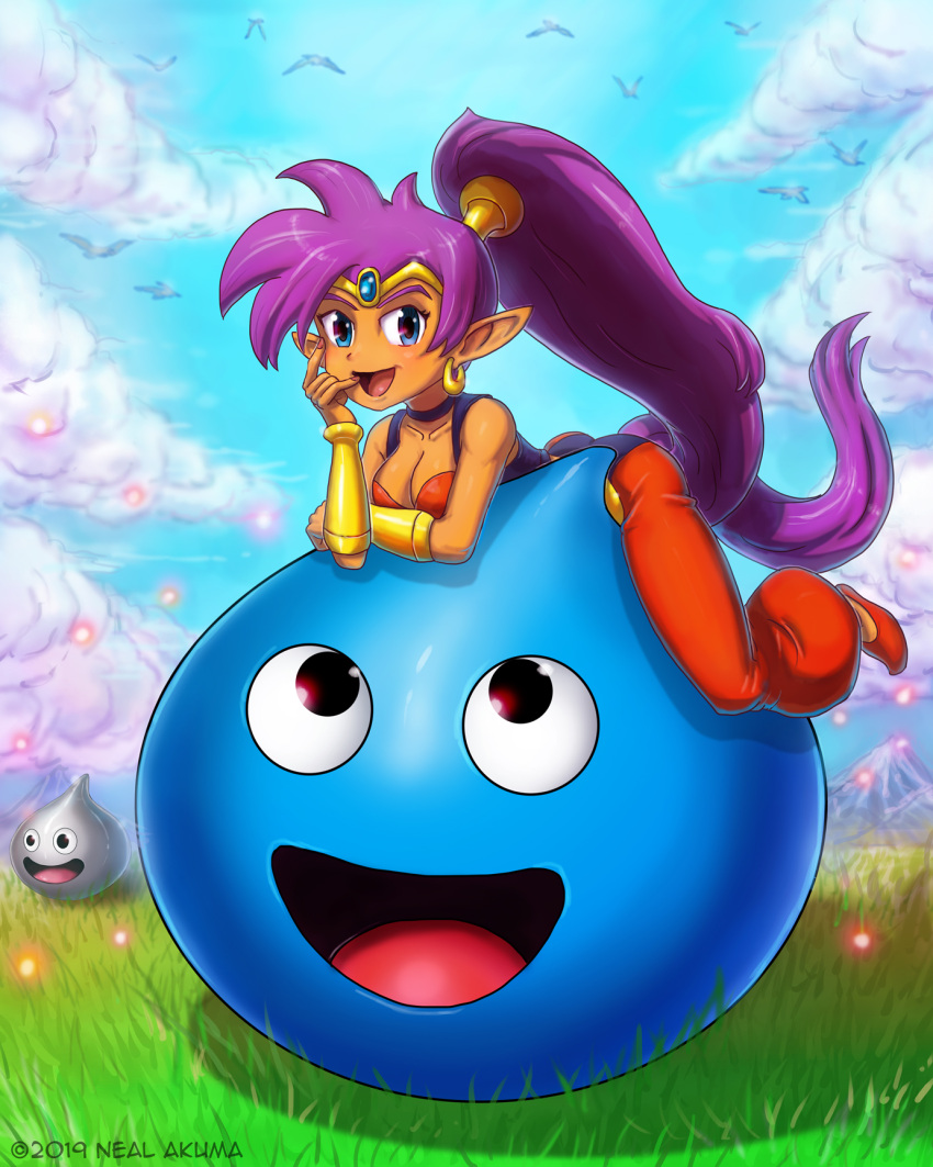 2019 blue_eyes breasts brown_body brown_skin cleavage clothed clothing cloud crossover day dragon_quest duo_focus ear_piercing ear_ring footwear genie goo_creature grass group hair hi_res humanoid humanoid_pointy_ears long_hair nealakuma open_mouth open_smile piercing plant ponytail purple_hair shantae shantae_(series) shoes sky slime_(dragon_quest) smile square_enix tongue video_games wayforward