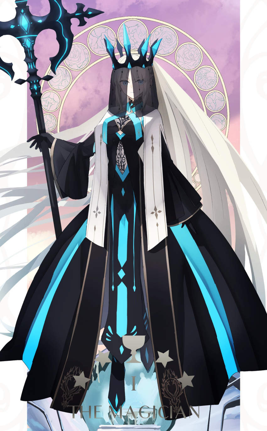 1girl absurdres bangs black_dress black_gloves blonde_hair blue_dress blue_eyes blue_ribbon breasts choker cloud cloudy_sky crown dress fate/grand_order fate_(series) gem gloves gold_trim grey_hair highres holding large_breasts long_dress long_hair long_sleeves looking_at_viewer morgan_le_fay_(fate) ne_f_g_o ornament rhombus ribbon simple_background sky smile solo very_long_hair white_ribbon