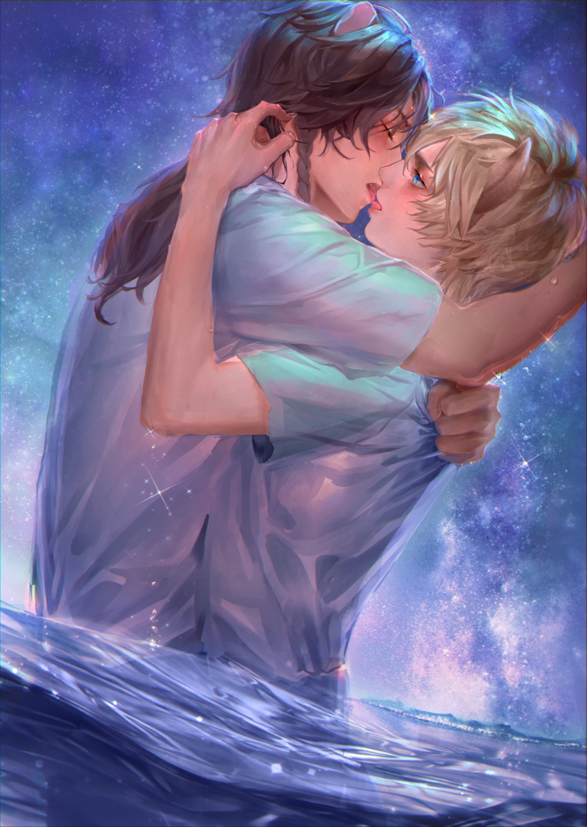 2boys adjusting_another's_hair animal_ears bangs blonde_hair blue_eyes blush braid brown_hair closed_eyes clothes_grab couple french_kiss from_side hand_up highres hug hyena_ears kiss leona_kingscholar lion_ears long_hair male_focus multiple_boys night night_sky partially_submerged profile ruggie_bucchi shirt short_hair short_sleeves side_braid sky sky7colors sparkle star_(sky) starry_sky t-shirt tongue tongue_out twisted_wonderland upper_body water wet wet_clothes white_shirt yaoi