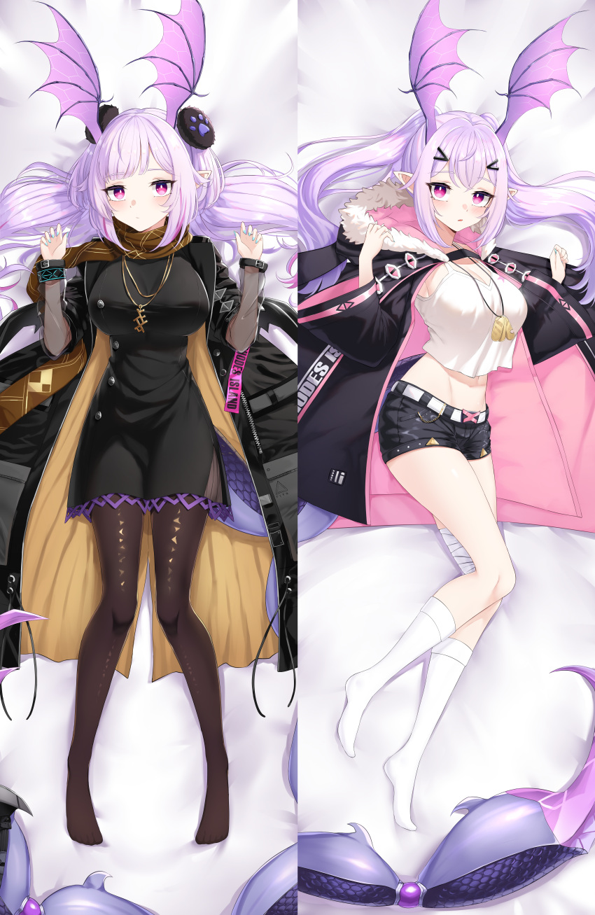 1girl absurdres alternate_breast_size arknights arthropod_girl black_dress black_jacket black_legwear black_shorts black_wristband blue_nails blush breasts brown_scarf cleavage clothes_writing dakimakura_(medium) dog_tags dress full_body fur-trimmed_hood fur_trim hair_ornament hairclip hands_up head_wings highres hood hooded_jacket infection_monitor_(arknights) jacket jewelry large_breasts long_sleeves looking_at_viewer lying manticore_(arknights) manticore_(invisible_dirge)_(arknights) midriff multicolored_hair multiple_views navel necklace official_alternate_costume on_back on_bed open_clothes open_jacket pantyhose parted_lips pink_eyes pink_jacket pointy_ears purple_hair scarf scorpion_girl scorpion_tail short_shorts shorts simple_background socks streaked_hair tail tank_top twintails two-sided_fabric two-sided_jacket white_background white_legwear white_tank_top wide_sleeves xooku