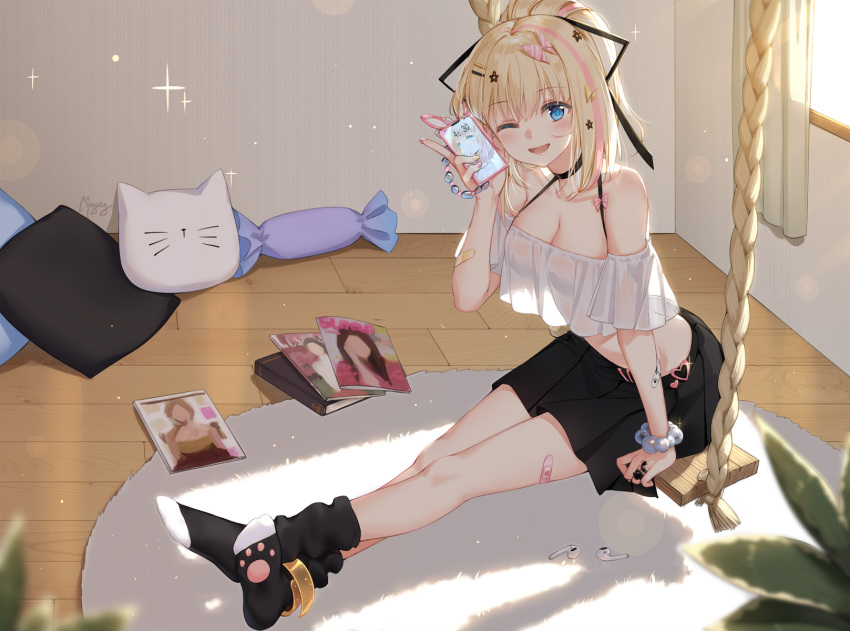 1girl ;d alternate_costume azur_lane bandaid bandaid_on_arm bandaid_on_leg bangs bare_shoulders black_legwear black_skirt blonde_hair blue_eyes blurry blurry_foreground blush bow bracelet breasts cellphone character_pillow chinese_commentary cleavage collarbone commentary_request crop_top crop_top_overhang curtains full_body glint hair_between_eyes hair_bow hair_ornament hairclip hand_up high_ponytail highres holding holding_phone indoors jewelry lens_flare long_hair looking_at_viewer loose_socks magazine_(object) maya_g medium_breasts midriff mixed-language_commentary multicolored_hair off-shoulder_shirt off_shoulder one_eye_closed open_mouth paw_print pearl_bracelet phone pilot_suit pink_bow pink_hair plant richmond_(azur_lane) see-through see-through_shirt shadow shirt sidelocks signature sitting skirt smartphone smartphone_case smile solo star_(symbol) star_hair_ornament streaked_hair swing two-tone_hair white_hair window window_shade wireless_earphones