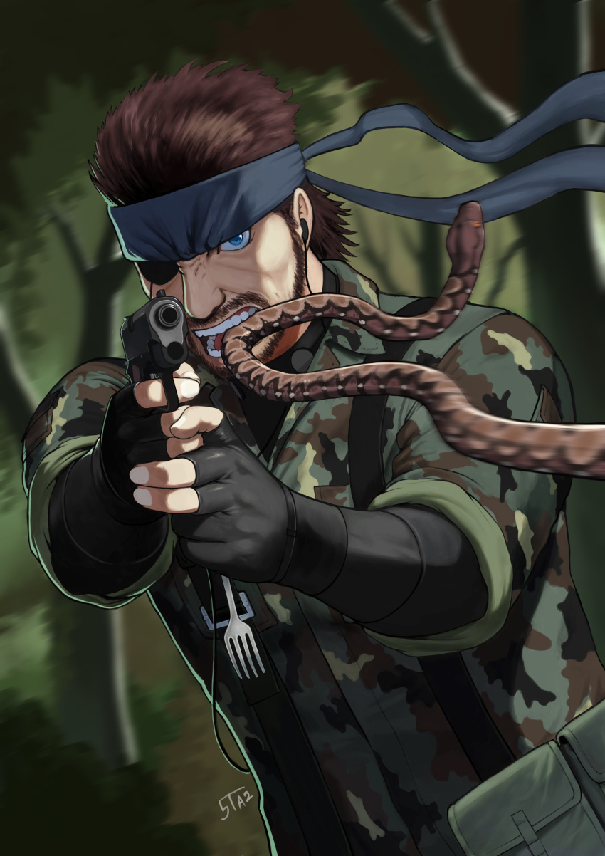 1boy 5tatsu absurdres aiming_at_viewer bandana beard belt_pouch big_boss black_bandana black_gloves blue_eyes blurry blurry_background brown_hair camouflage earbuds earphones eyepatch facial_hair fingerless_gloves fingernails fork gloves gun handgun highres holding holding_fork holding_gun holding_weapon male_focus metal_gear_(series) metal_gear_solid_3 military_operator motion_blur mouth_hold naked_snake nose one-eyed pistol pouch short_hair sleeves_rolled_up snake solo suspenders trigger_discipline weapon