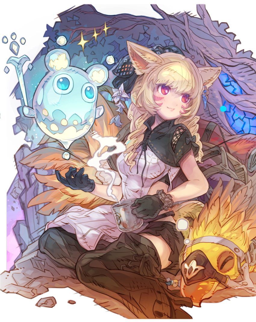 1girl animal_ear_fluff animal_ears bangs black_bow black_footwear black_gloves black_skirt blonde_hair blue_flower blush boots bow chocobo closed_eyes closed_mouth commentary_request commission cup dress facial_mark final_fantasy final_fantasy_xiv flower gloves haku_(sabosoda) highres holding holding_cup long_hair looking_away looking_to_the_side miqo'te mug red_eyes short_sleeves shrug_(clothing) skeb_commission skirt sleeping smile solo steam thigh_boots whisker_markings white_dress