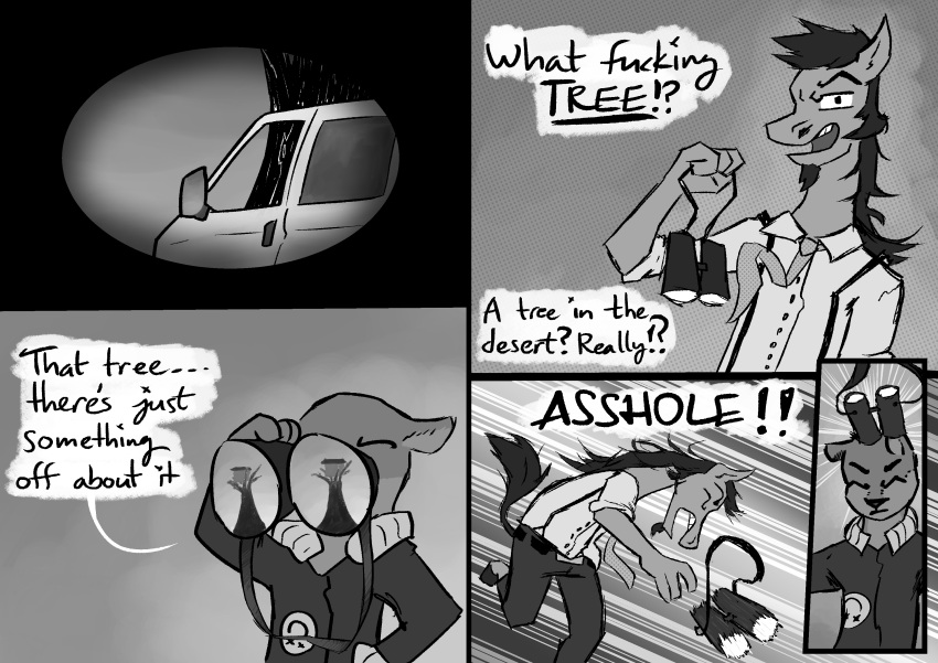 2022 absurd_res anthro binoculars bomber_jacket car clothed clothing comic dialogue digital_media_(artwork) duo english_text equid equine fur greyscale hair halcyon_(series) headgear hi_res horse lost_andsafe lutrine male male/male mammal manager_(halcyon) medium_truck monochrome mustelid open_mouth outside patch_(fabric) pilot_(halcyon) plant simple_background text tree truck_(vehicle) van vehicle