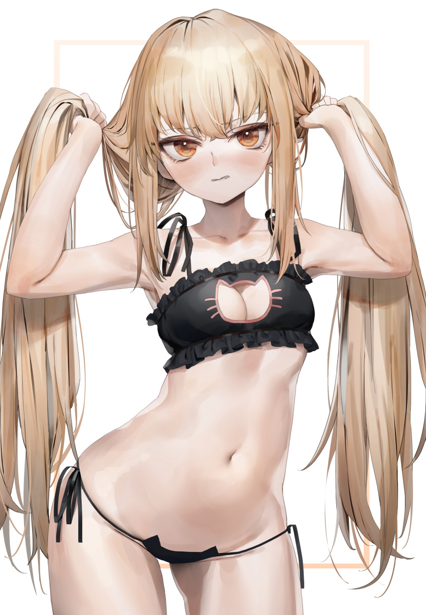 1girl absurdres armpits arms_up bare_arms bare_shoulders black_bra black_panties blonde_hair bra breasts bunching_hair cat_cutout cat_ear_panties cat_lingerie cleavage cleavage_cutout clothing_cutout collarbone commission contrapposto cowboy_shot frilled_bra frills frown girls'_frontline highres long_hair looking_at_viewer meme_attire navel orange_eyes panties poharo second-party_source side-tie_panties sidelocks small_breasts solo spaghetti_strap standing stomach string_panties twintails type_80_(girls'_frontline) underwear underwear_only very_long_hair wavy_mouth