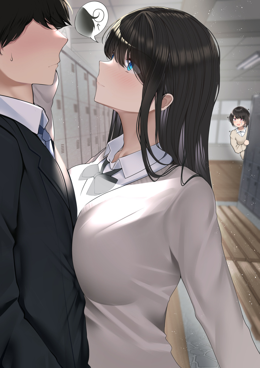 1boy 2girls absurdres bangs black_bow black_bowtie black_hair black_jacket blue_eyes blue_necktie blush bow bowtie breast_press breasts closed_eyes closed_mouth crying crying_with_eyes_open faceless faceless_male grey_sweater highres indoors jacket jealous kaku_yone large_breasts long_hair long_sleeves motion_lines multiple_girls necktie original red_eyes school_uniform shoe_locker smile sweater tears