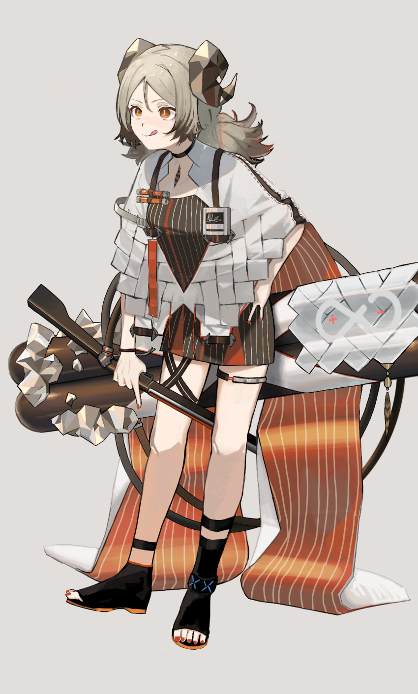 1girl :q ankleband arknights black_choker black_dress black_footwear blonde_hair choker coat demon_horns dress flamethrower full_body grey_background hi_yuuga highres horns id_card ifrit_(arknights) infection_monitor_(arknights) licking_lips long_hair nail_polish orange_eyes orange_nails revision rhine_lab_logo simple_background solo thigh_strap toeless_footwear toenail_polish toenails tongue tongue_out twintails weapon white_coat