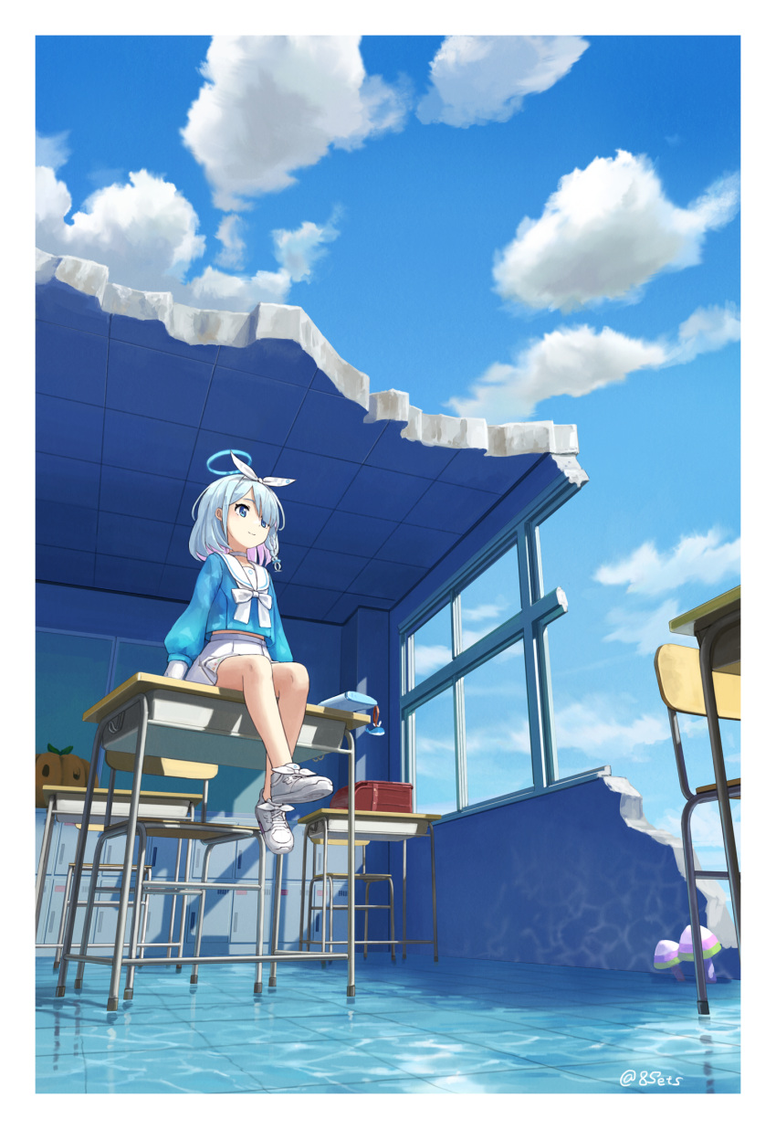 1girl 8sets arona_(blue_archive) bangs blue_archive blue_eyes blue_hair blue_serafuku blue_sky bow_hairband braid choker classroom cloud colored_inner_hair commentary_request desk hair_over_one_eye hairband halo highres multicolored_hair mushroom neckerchief outdoors pink_hair ruins sailor_collar school_desk school_uniform serafuku shadow shoes short_hair single_braid skirt sky sneakers solo white_choker white_footwear white_neckerchief white_sailor_collar white_skirt window