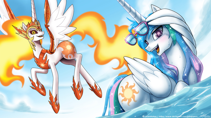 2022 cloud cutie_mark daybreaker_(mlp) duo equid equine eyewear eyewear_on_head feathered_wings feathers female feral fire flaming_hair flaming_tail flying friendship_is_magic hair hasbro hi_res horn john_joseco mammal multicolored_hair multicolored_tail my_little_pony open_mouth open_smile partially_submerged princess_celestia_(mlp) pseudo_hair purple_eyes sky smile sunglasses sunglasses_on_head text url water winged_unicorn wings yellow_eyes